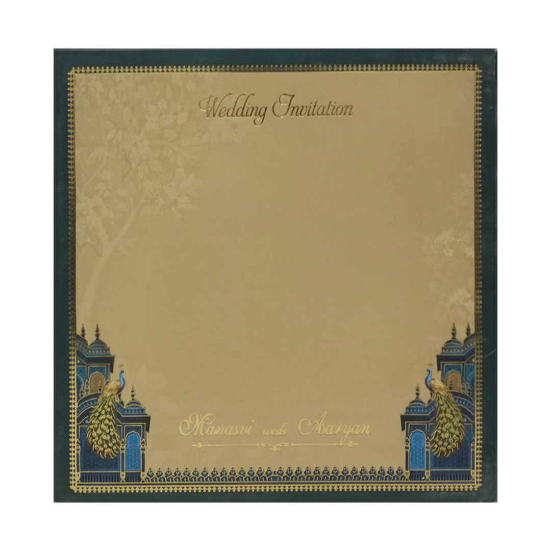Royal Blue Gold Palace Peacock Padded Wedding Card - KMMEX8020
