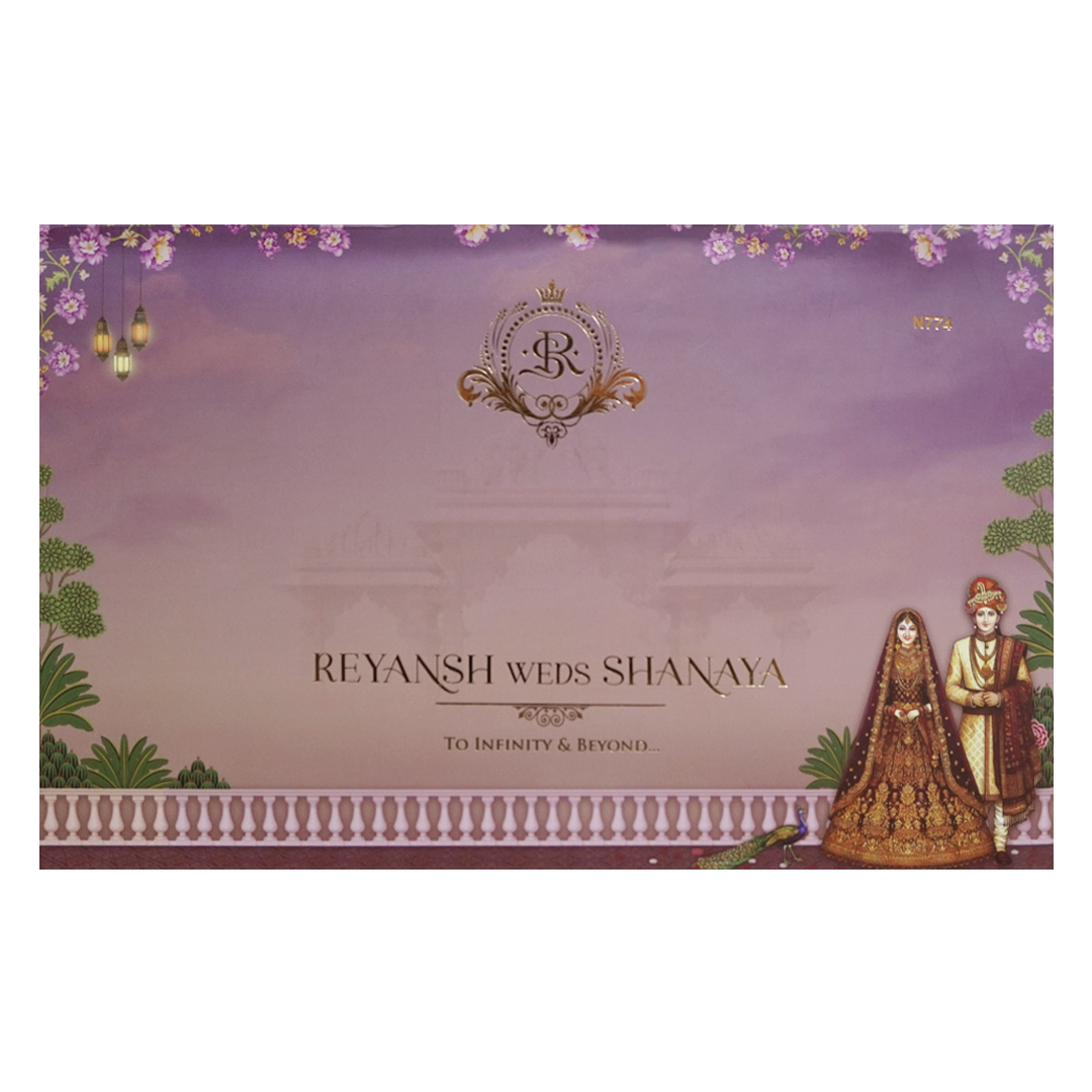 Royal Couple Purple Palace Padded Wedding Card - KVN07740