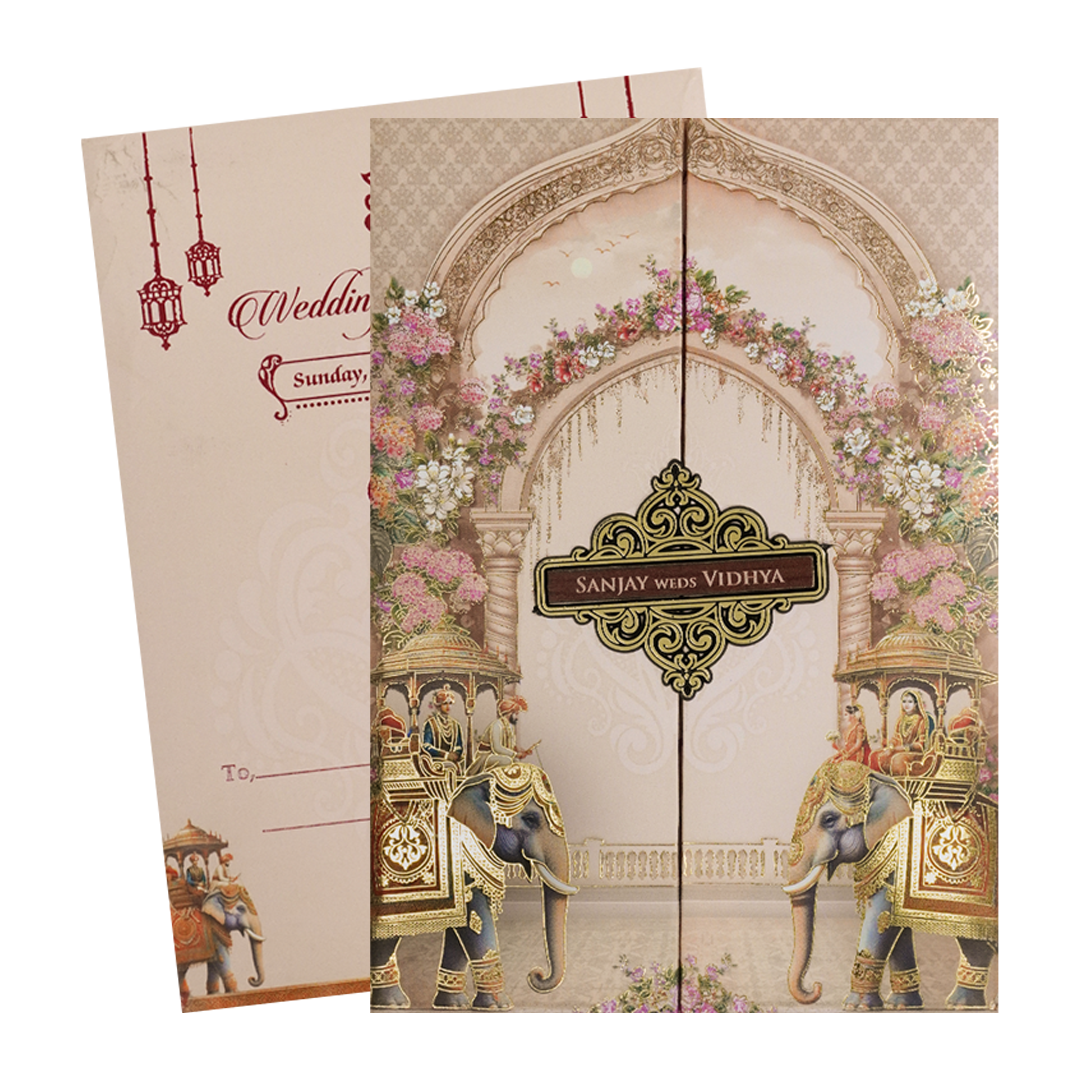 Cream Elephant Carriage Padded Wedding Card-KSH73200