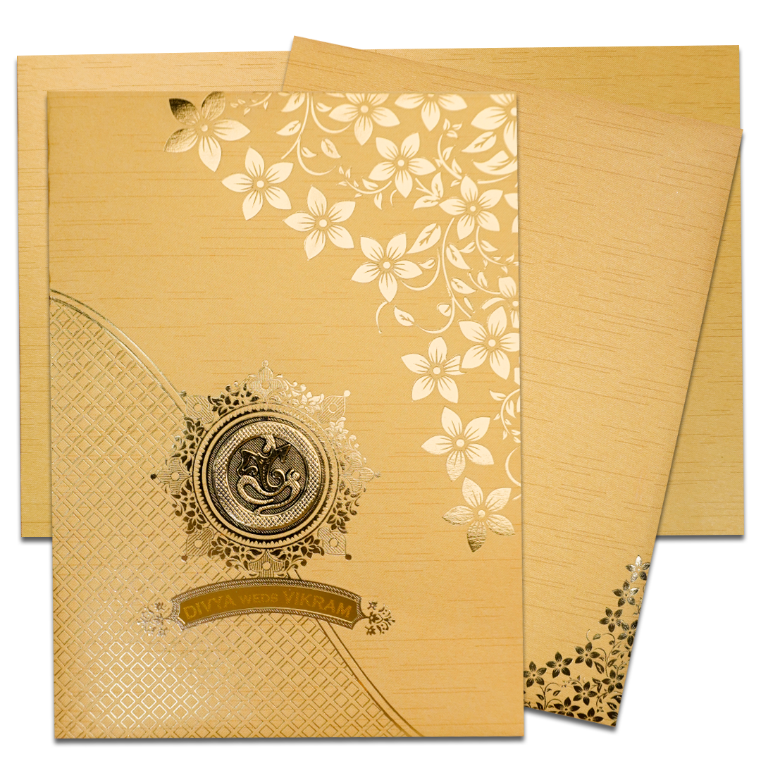 Yellow Gold Floral Ganesha Wedding Card-KNRM7082G