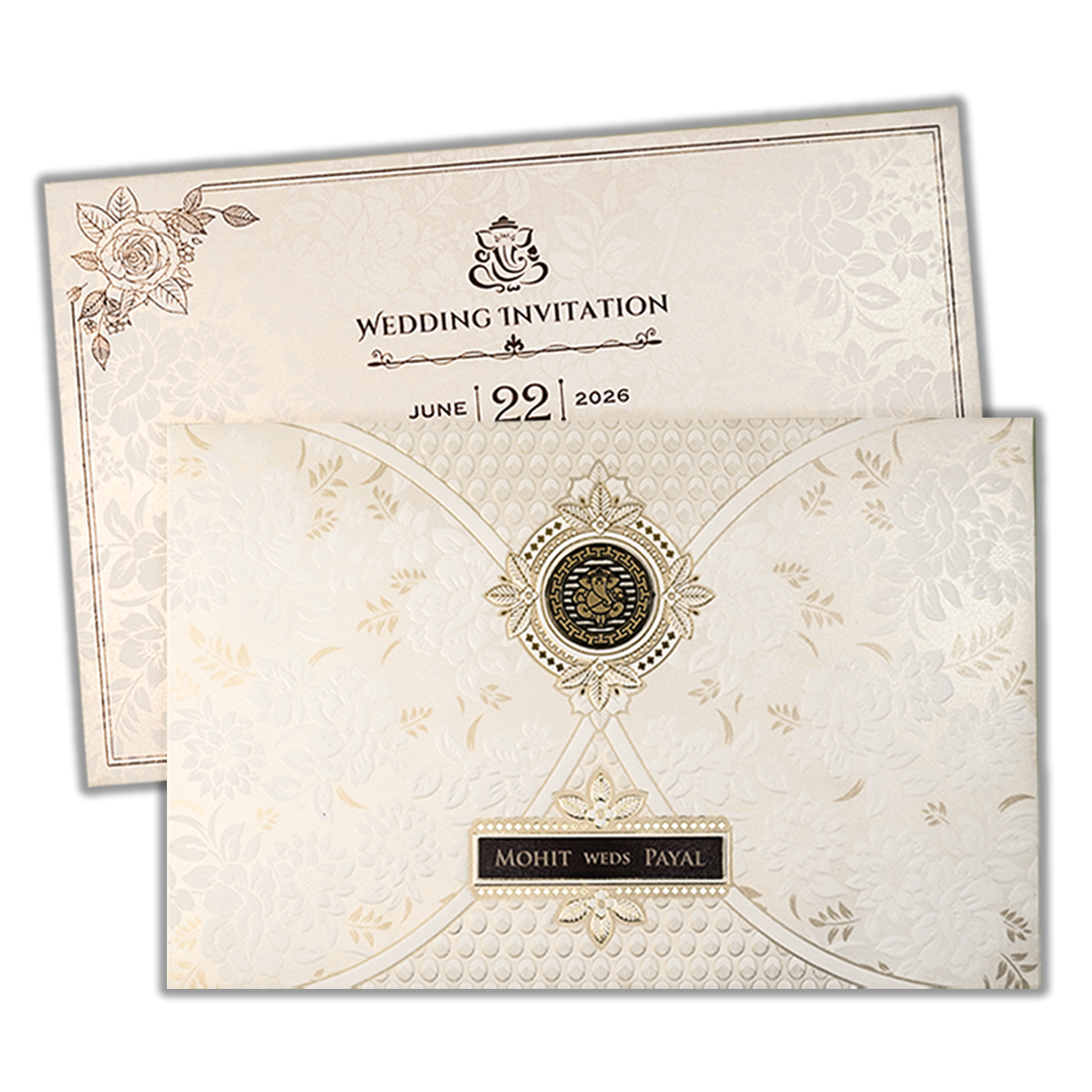 White Ganesha Floral Padded Wedding Card-KSH73530