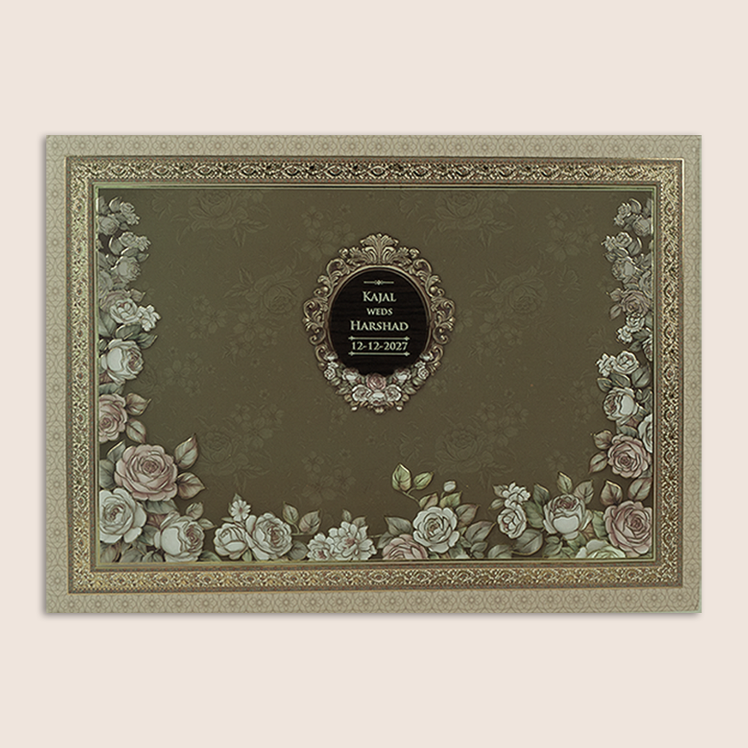 Brown Embossed Floral Padded Marriage Invitation - KSH18930