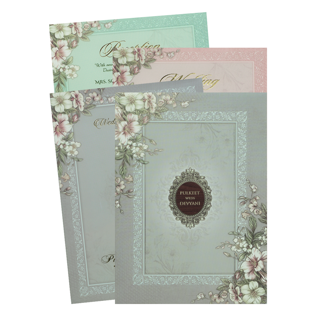 Check out Grey Floral Border Padded Wedding Card at best price.✅WhatsApp Support ✅Express Delivery.|King of cards.