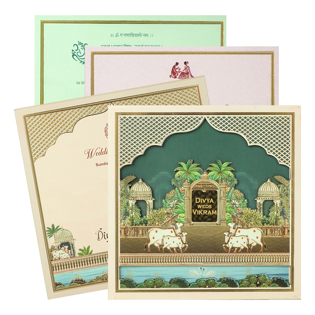 Navy Blue Kamadhenu Cow Padded Wedding Card-KNAM4901