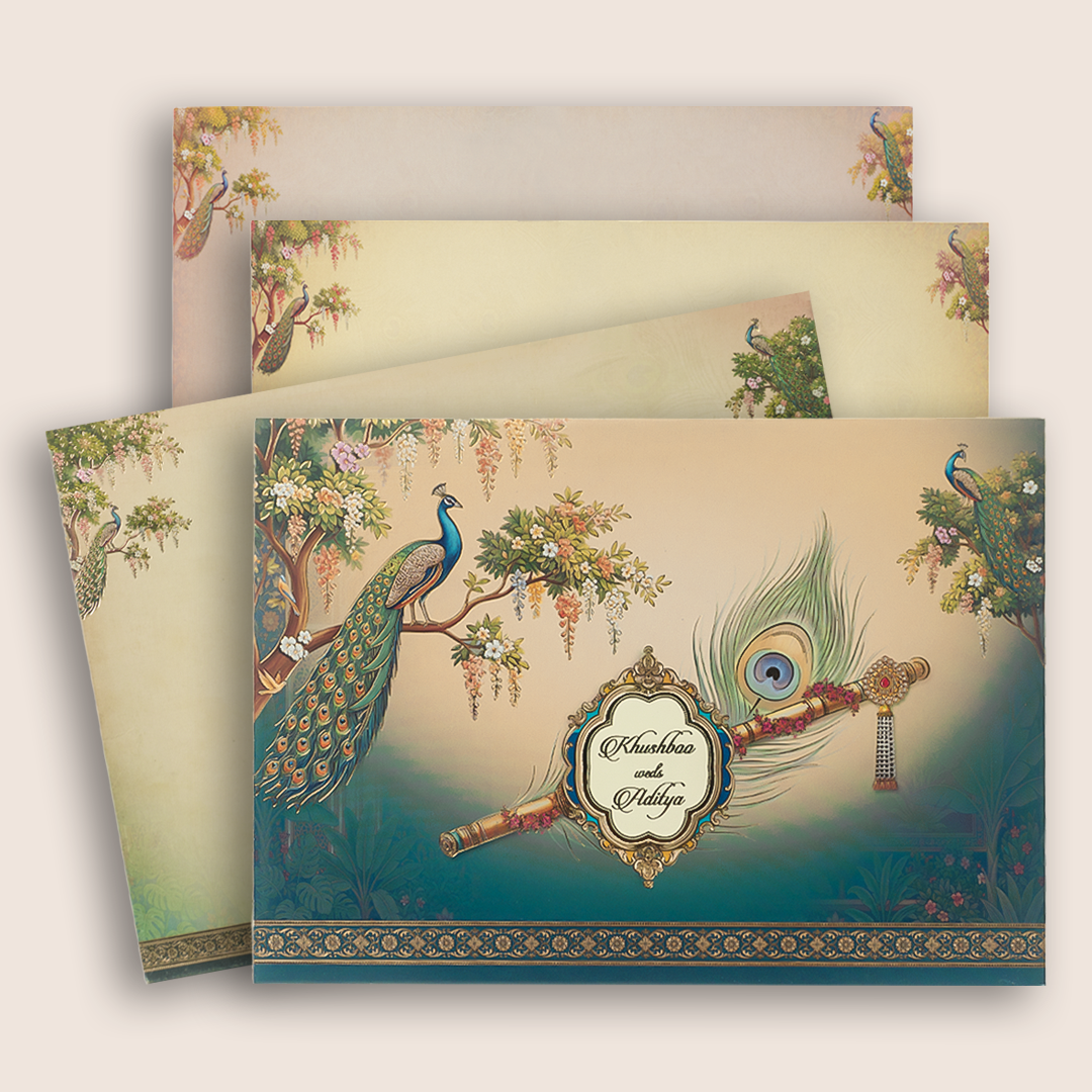 Cream Peacock Flute Wedding Card - KAA05280