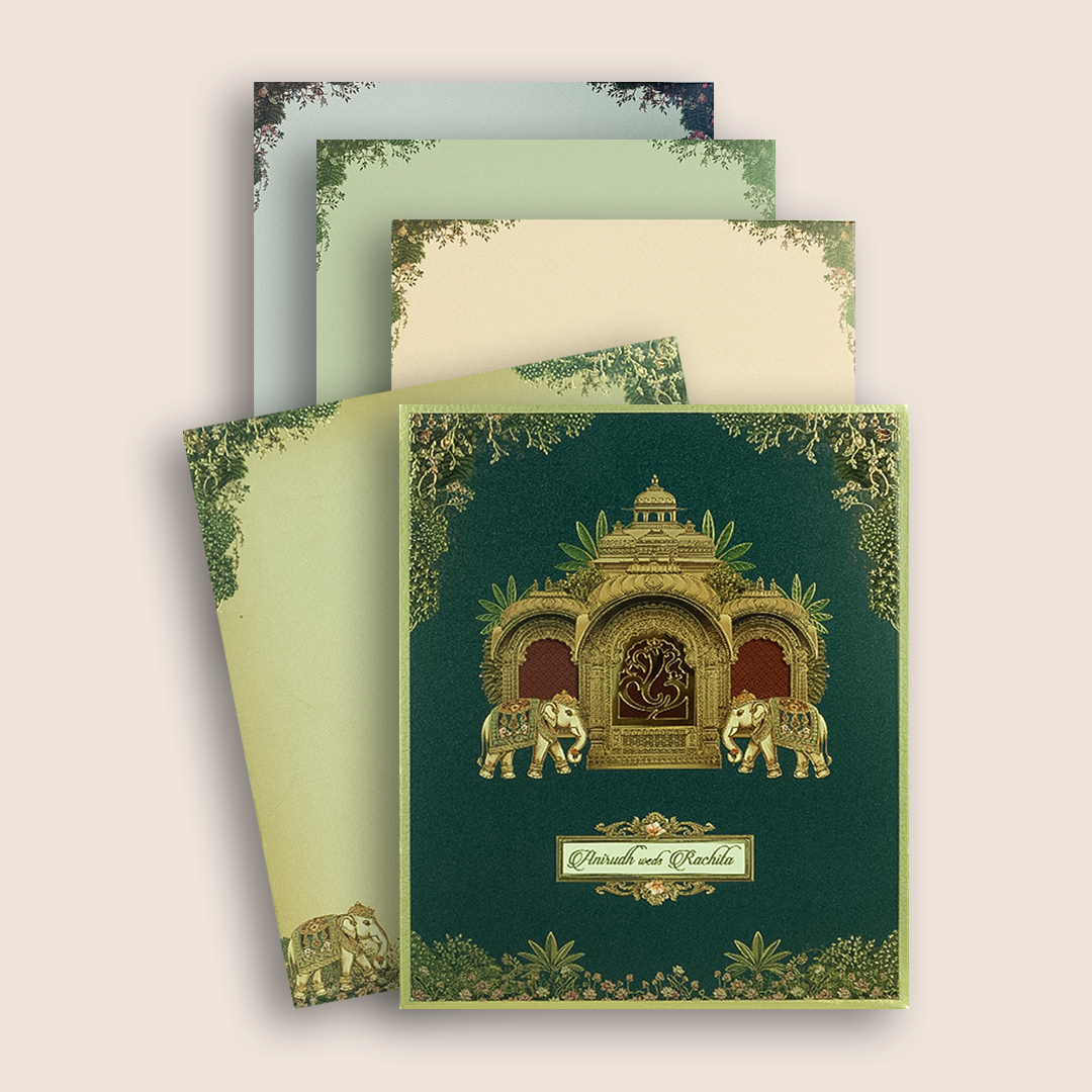 Green Elephant Jharokha Padded Wedding Card - KAA05840