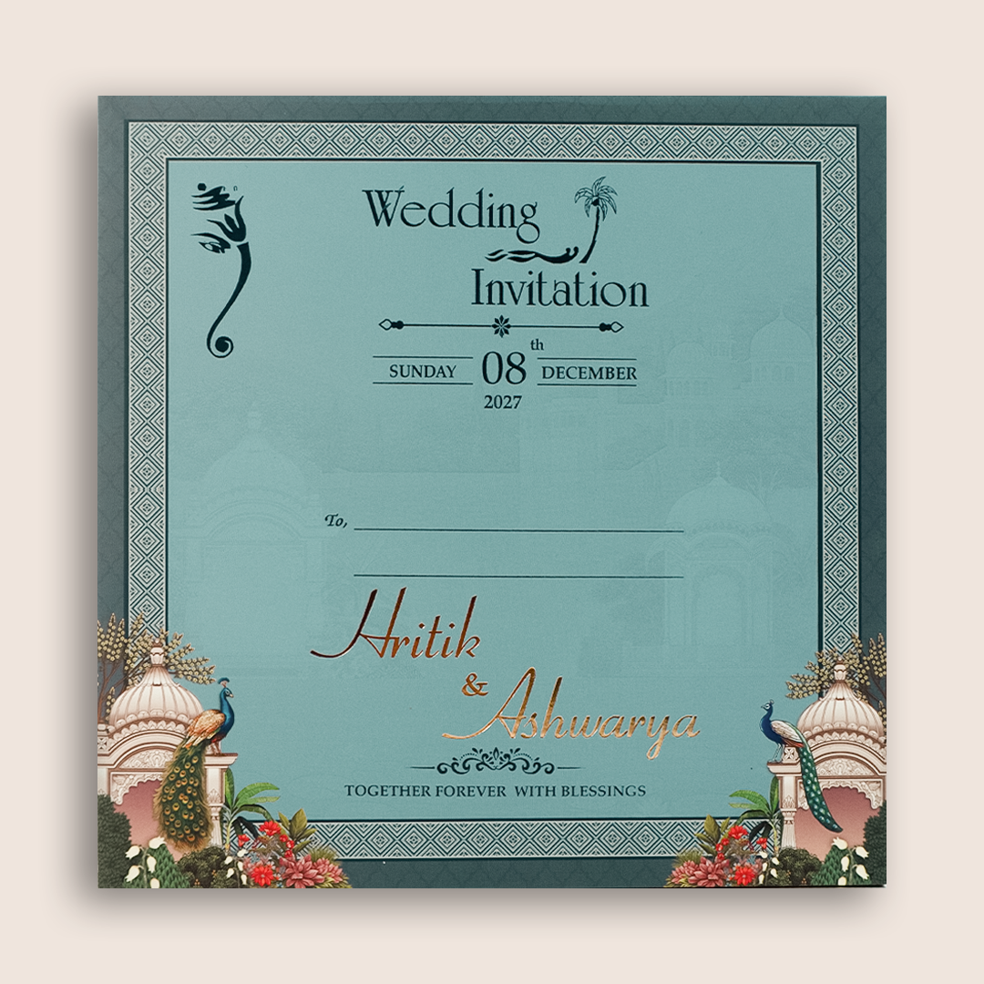 Blue Padded Peacock Floral Wedding Card - KSH18620