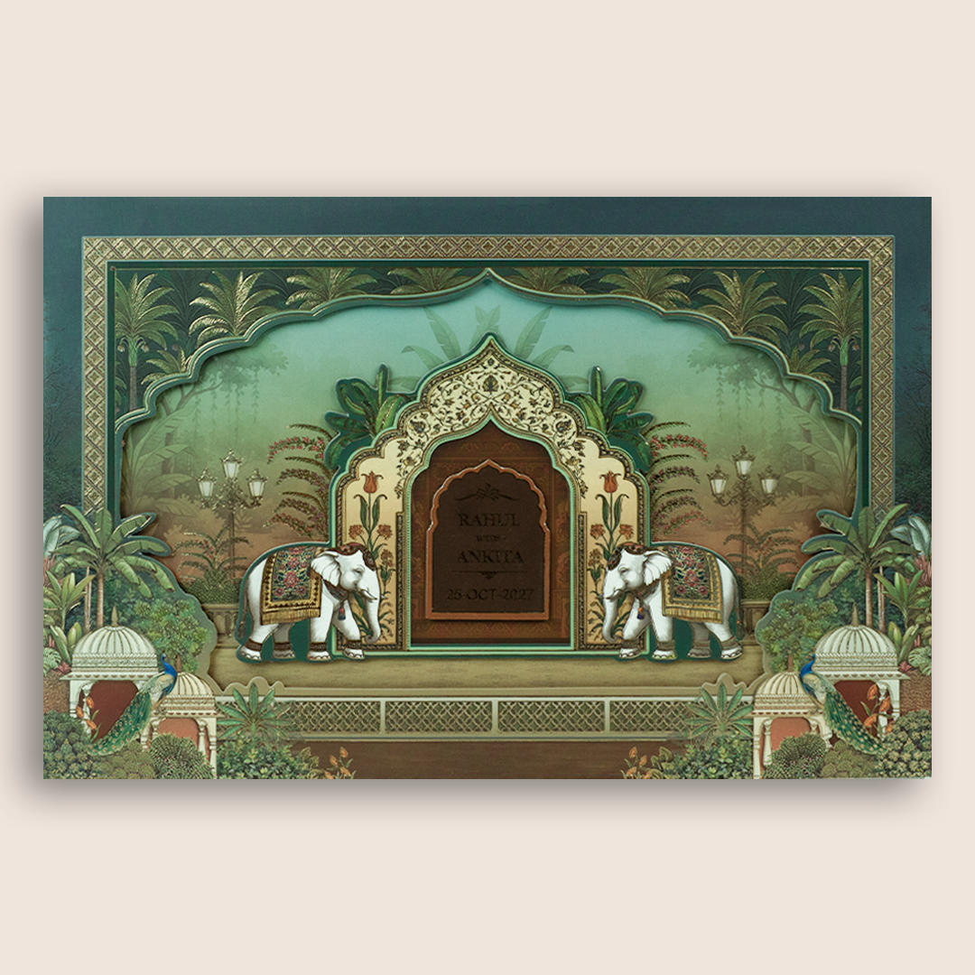 Green Elephant Laser Cut Padded Wedding Card - KSH18020