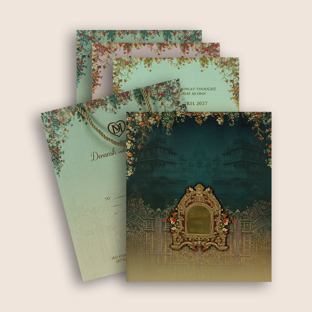 Teal Blue Floral Palace Luxury Wedding Invitation Box - KSI32810