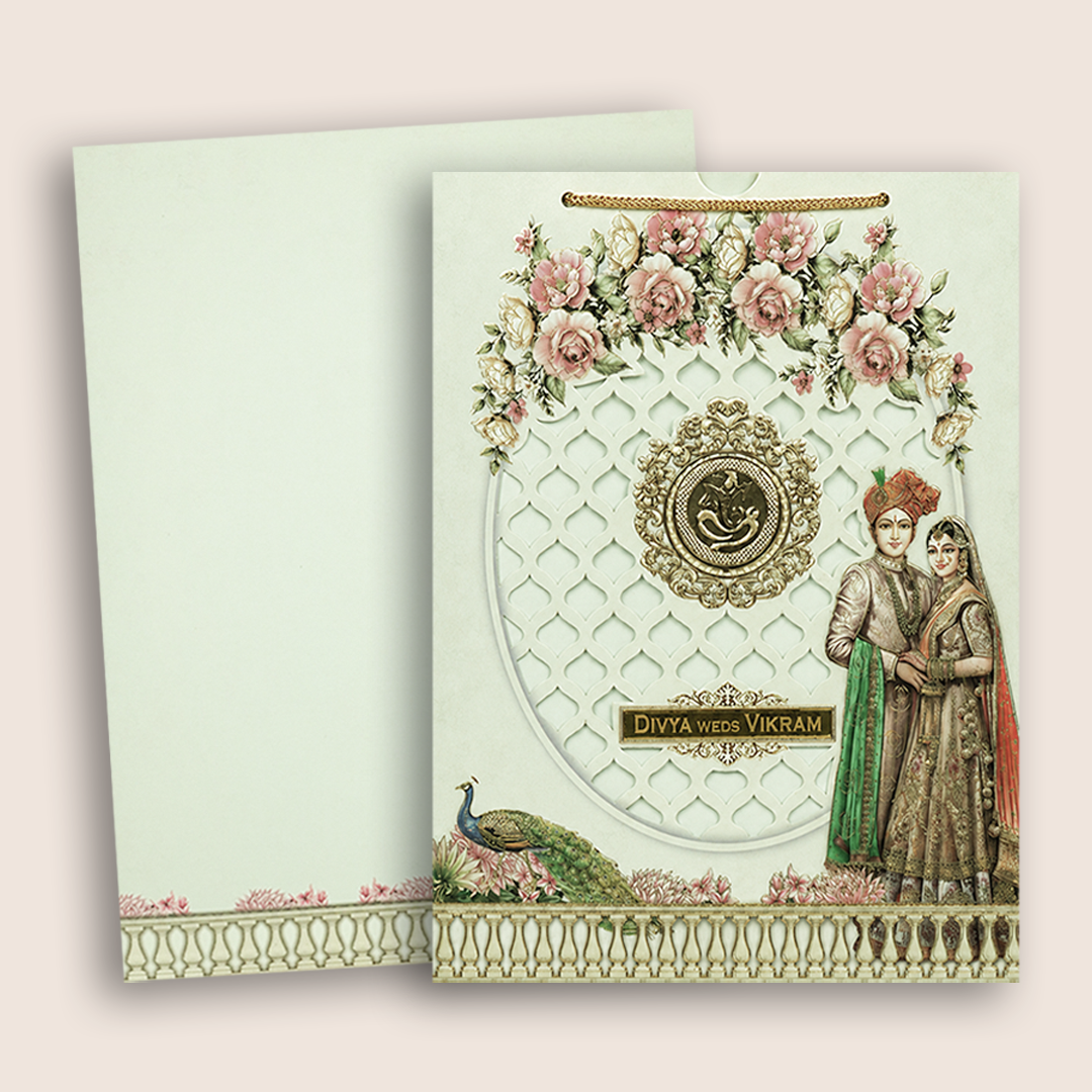 Pastel Green Laser-Cut Floral Bag Style Wedding Card - KNAS3108