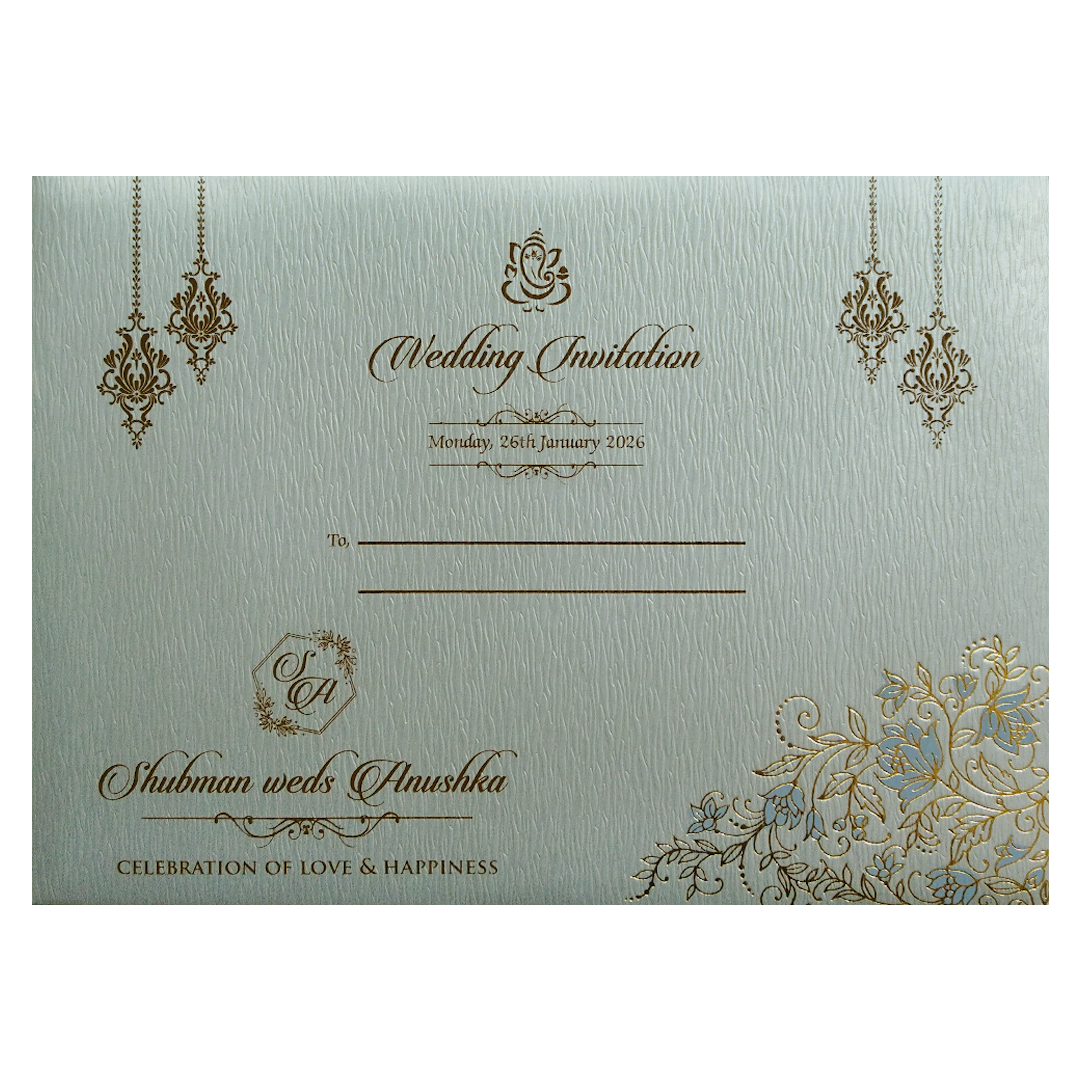 Light Grey Padded Door Style Embossed Gold Foil Wedding Invitation Card-KRB09760