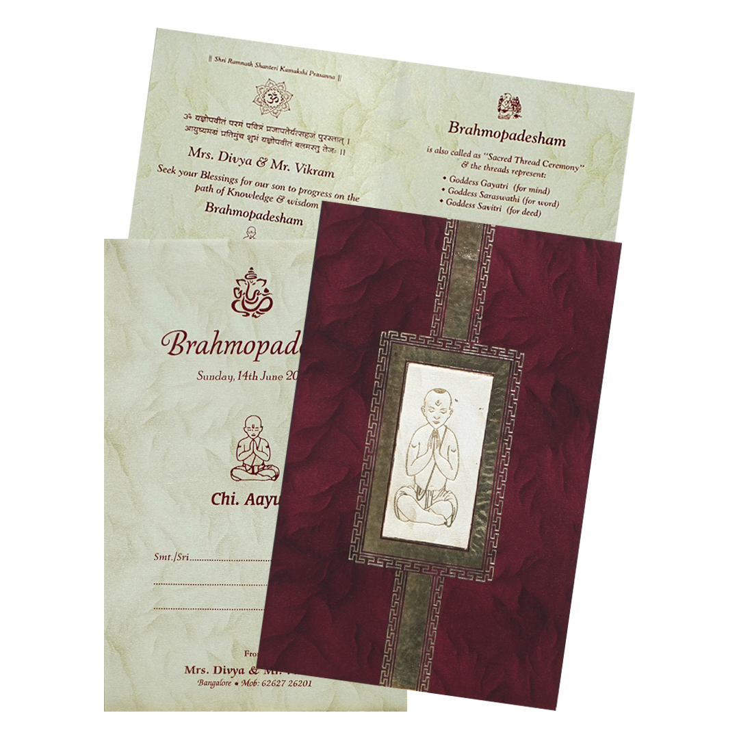 Maroon Gold Prayer Pose Wedding Card-KNPD1668