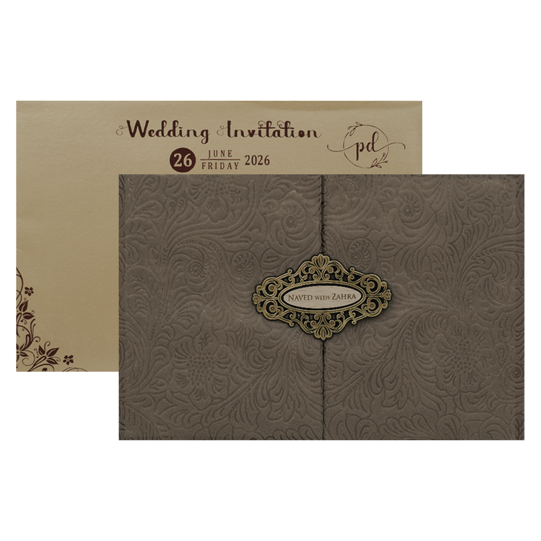 Brown Embossed Padded Wedding Card-KJTS1851
