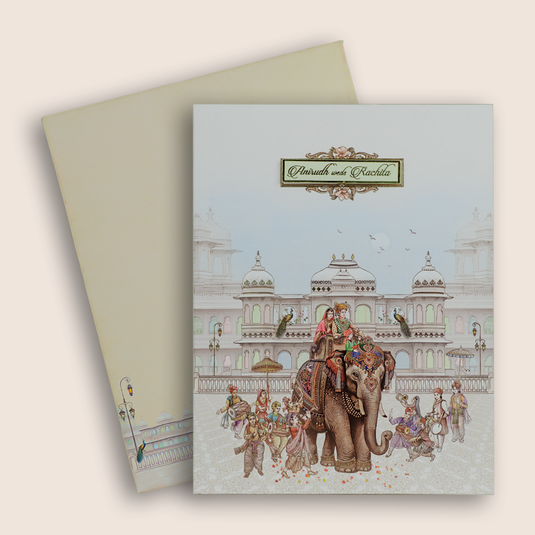 White Royal Elephant Baraat Wedding Card - KAA05140