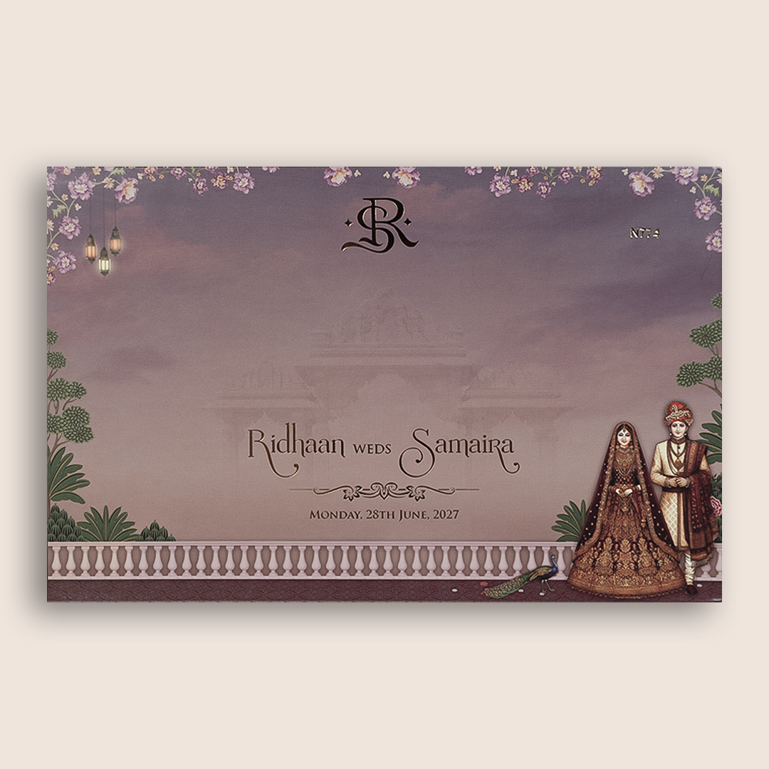 Purple Embossed Bride Groom Padded Wedding Card - KVN07740