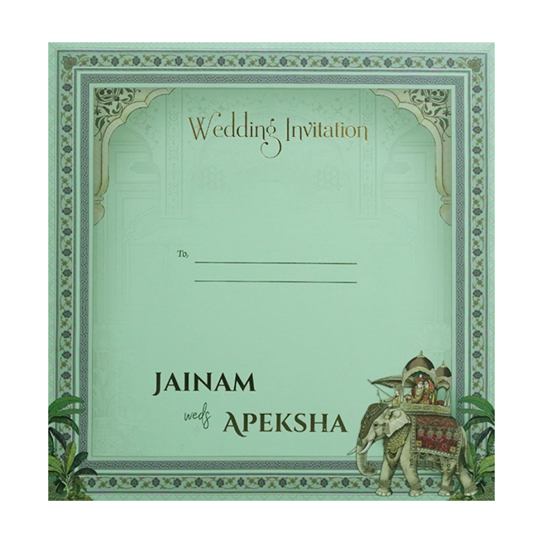 Green Royal Elephant Padded Wedding Card - KSH72650