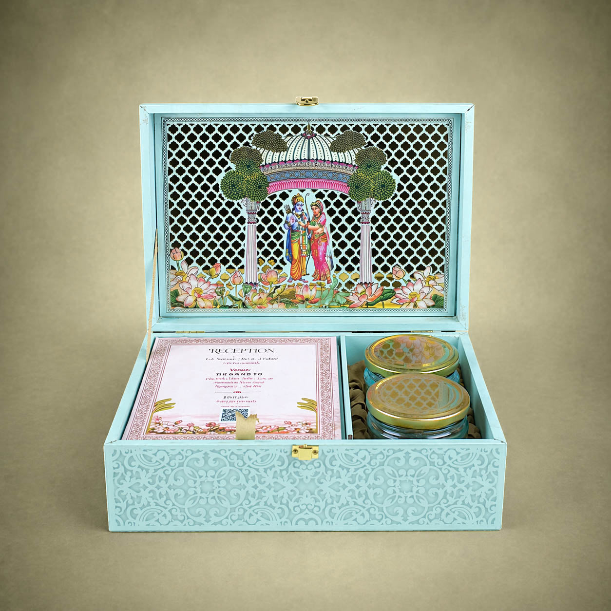 Blue Premium South Indian Temple Arch Luxury Invitation Box - KNLW202571