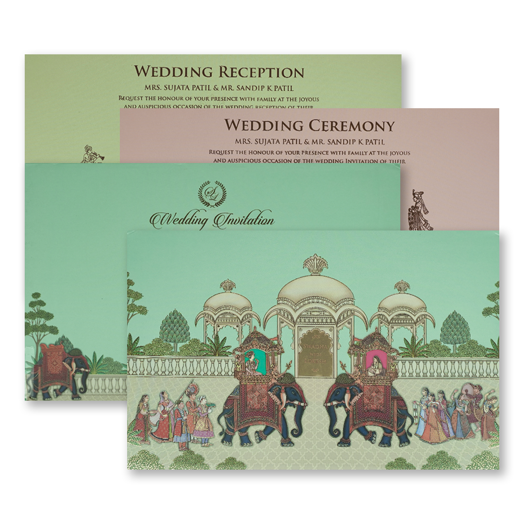 Mint Green Palace Elephant Padded Wedding Card-KRE27150