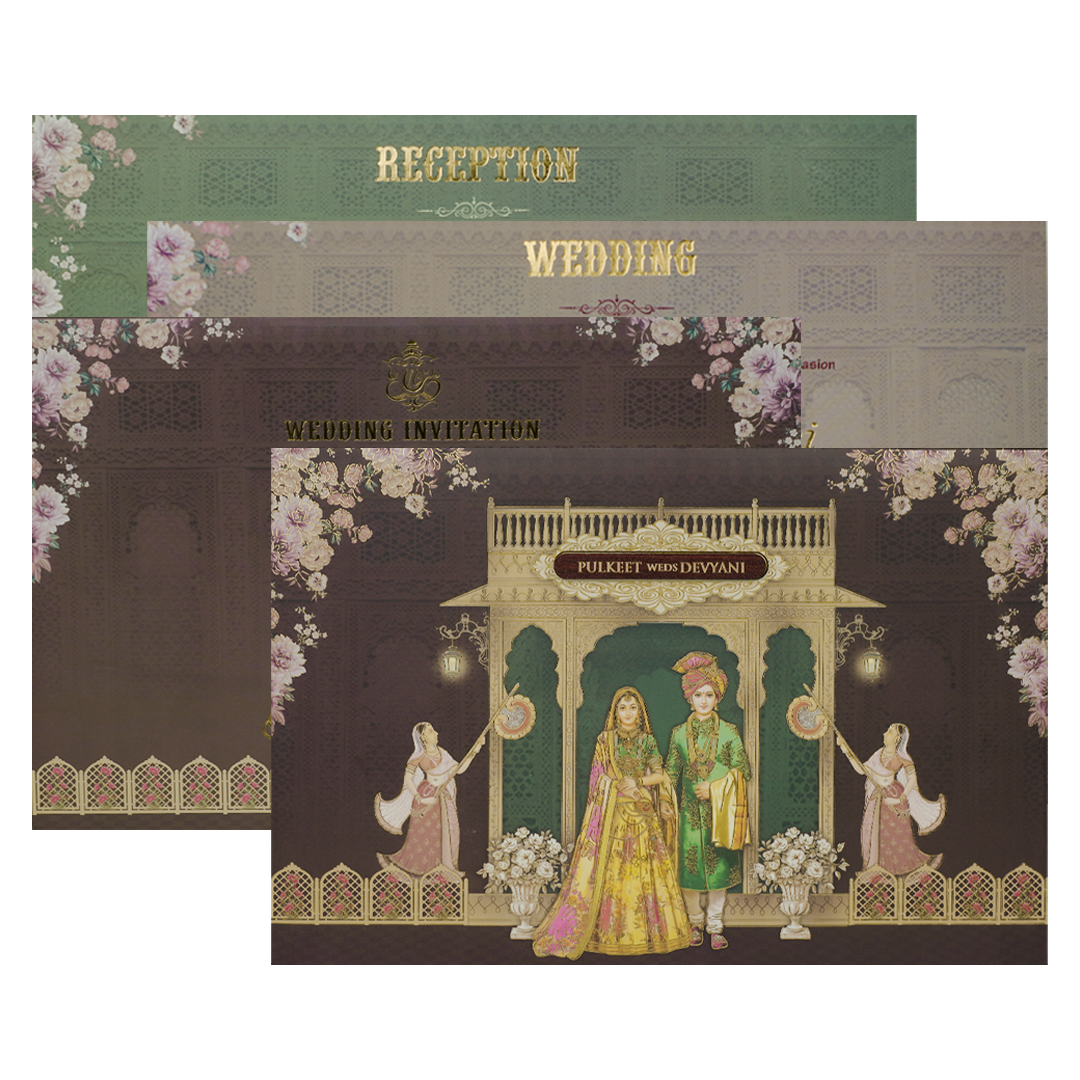 Brown Gold Stage Bride Groom Floral Padded Wedding Card-KJTS1826