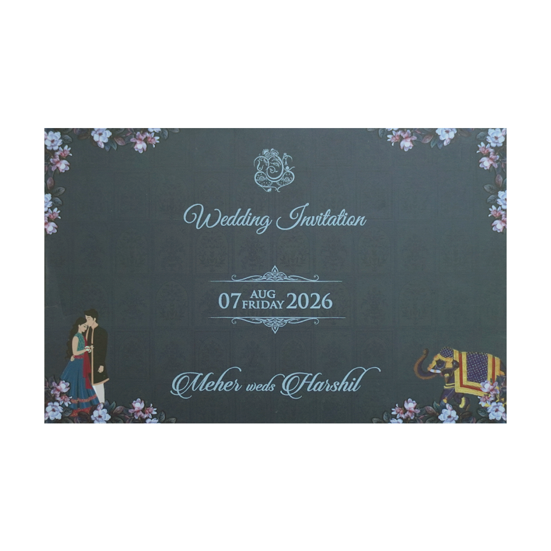 Navy Blue Padded Royal Curtain Wedding Invitation - KVN07440