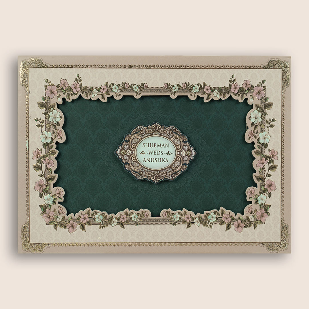 Teal Green Floral Laser Cut Padded Wedding Invitation - KRB10690
