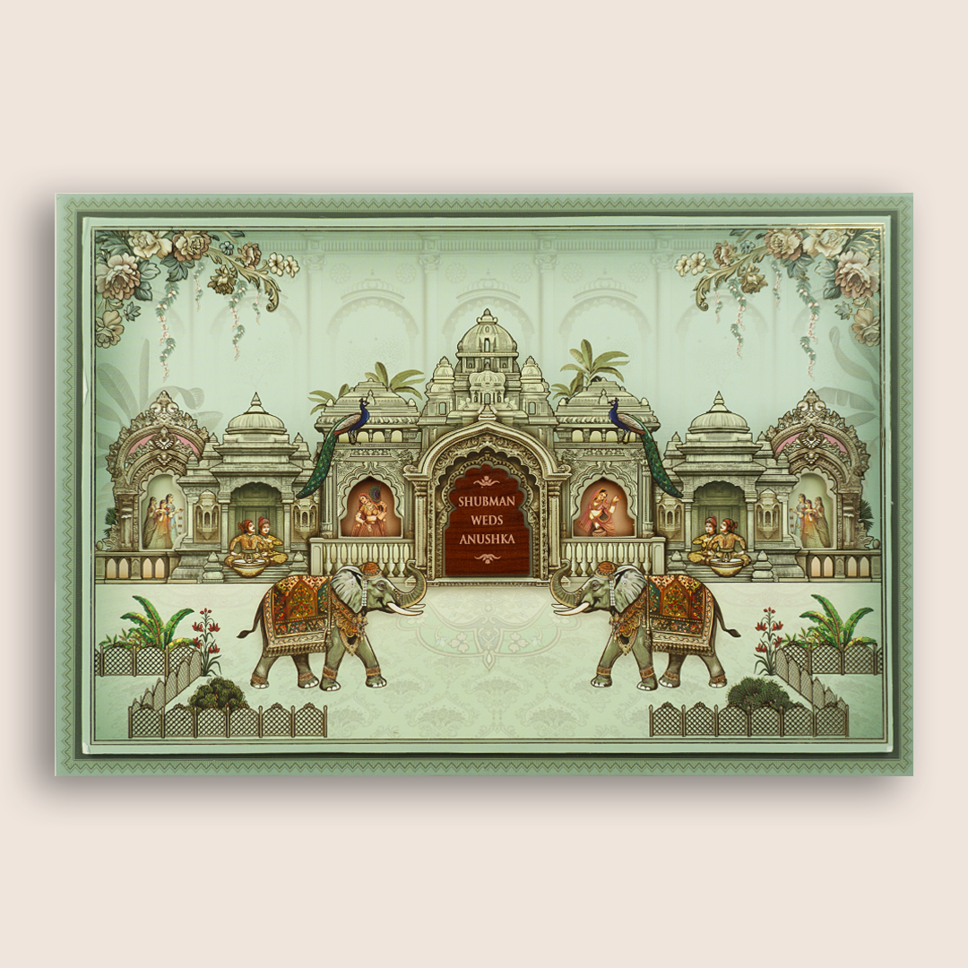Teal Green Royal Elephant Jharokha Laser Cut Padded Wedding Card - KRB09920