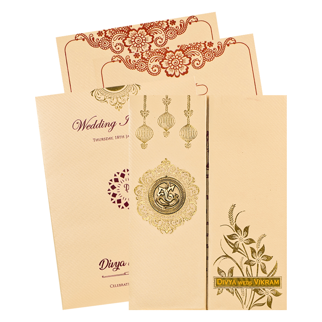 Cream Double Door Floral Padded Wedding Card-KNPM9532P