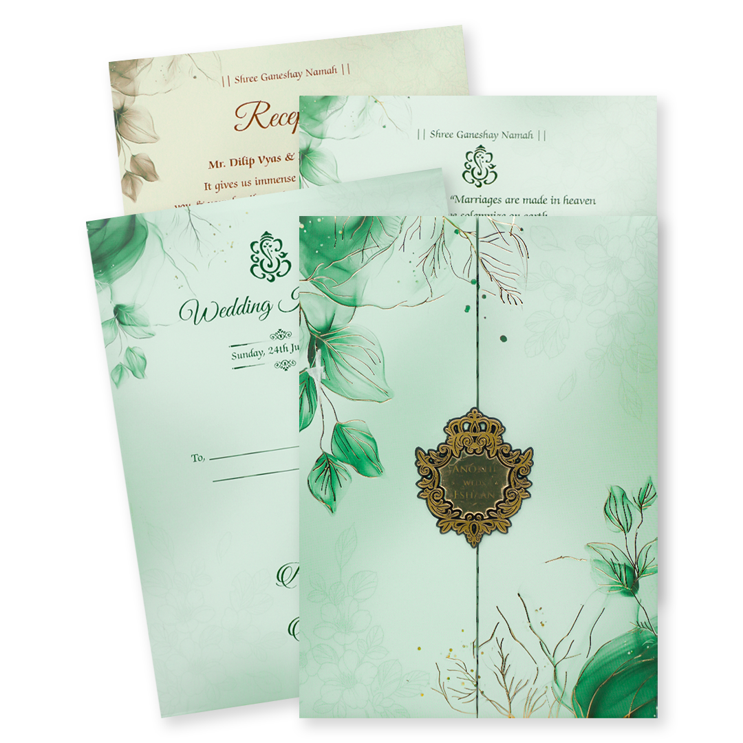 Green Leaf Padded Wedding Card-KJTS3675