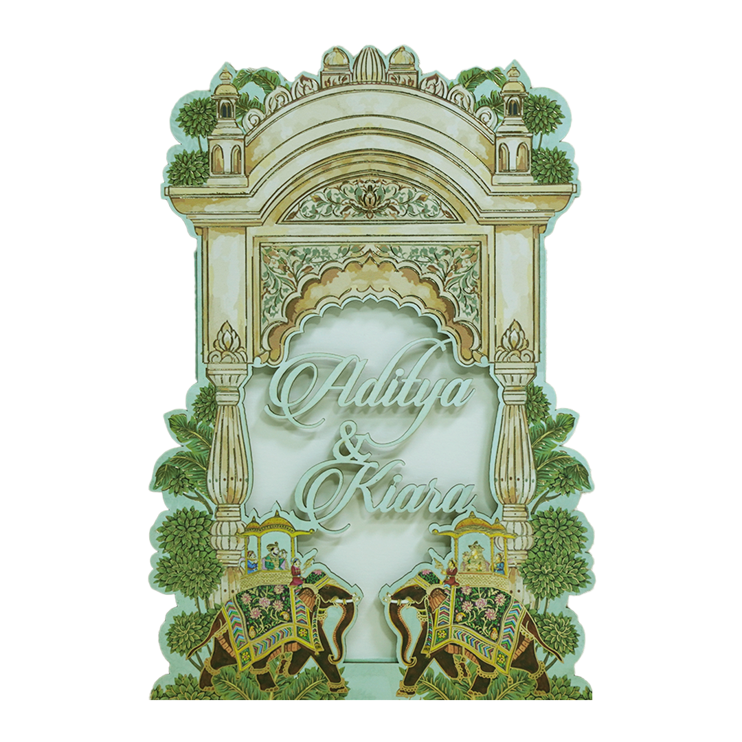 Mint Green Palace Elephant Laser Cut Wedding Card - KFR15130