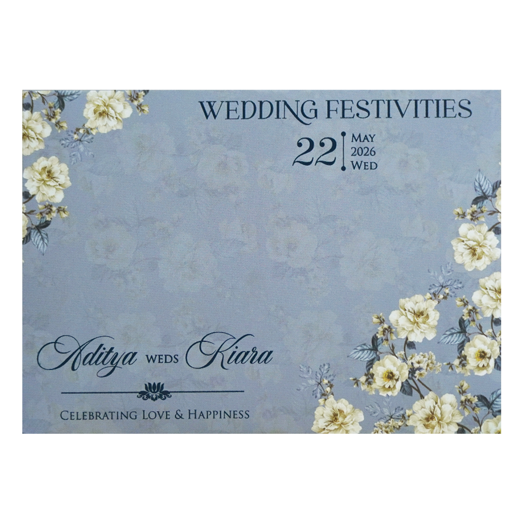 Blue Golden Floral Padded Wedding Card - KFR16400