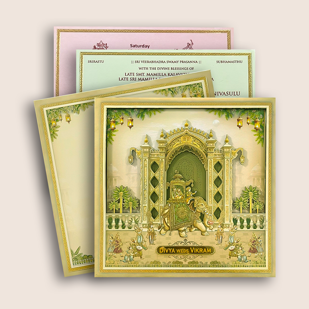 Beige Palace Elephant Padded Wedding Card - KNAM4905