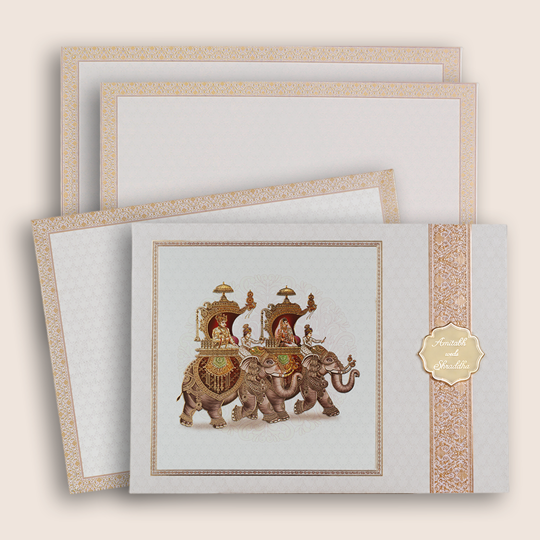 White Royal Baraat Door Style Wedding Card - KAA05420