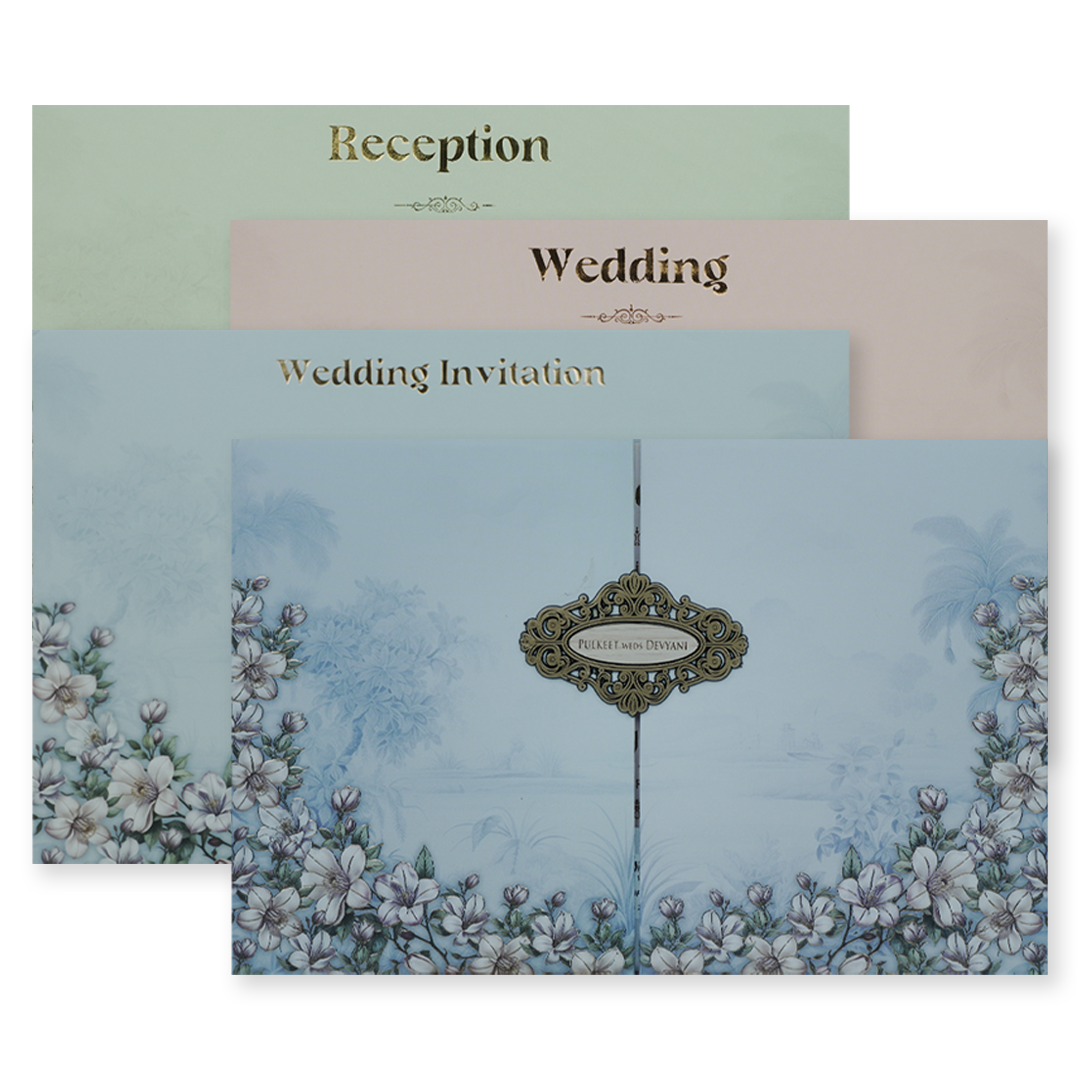 Blue Pastel Floral Padded Wedding Card-KJTS1829