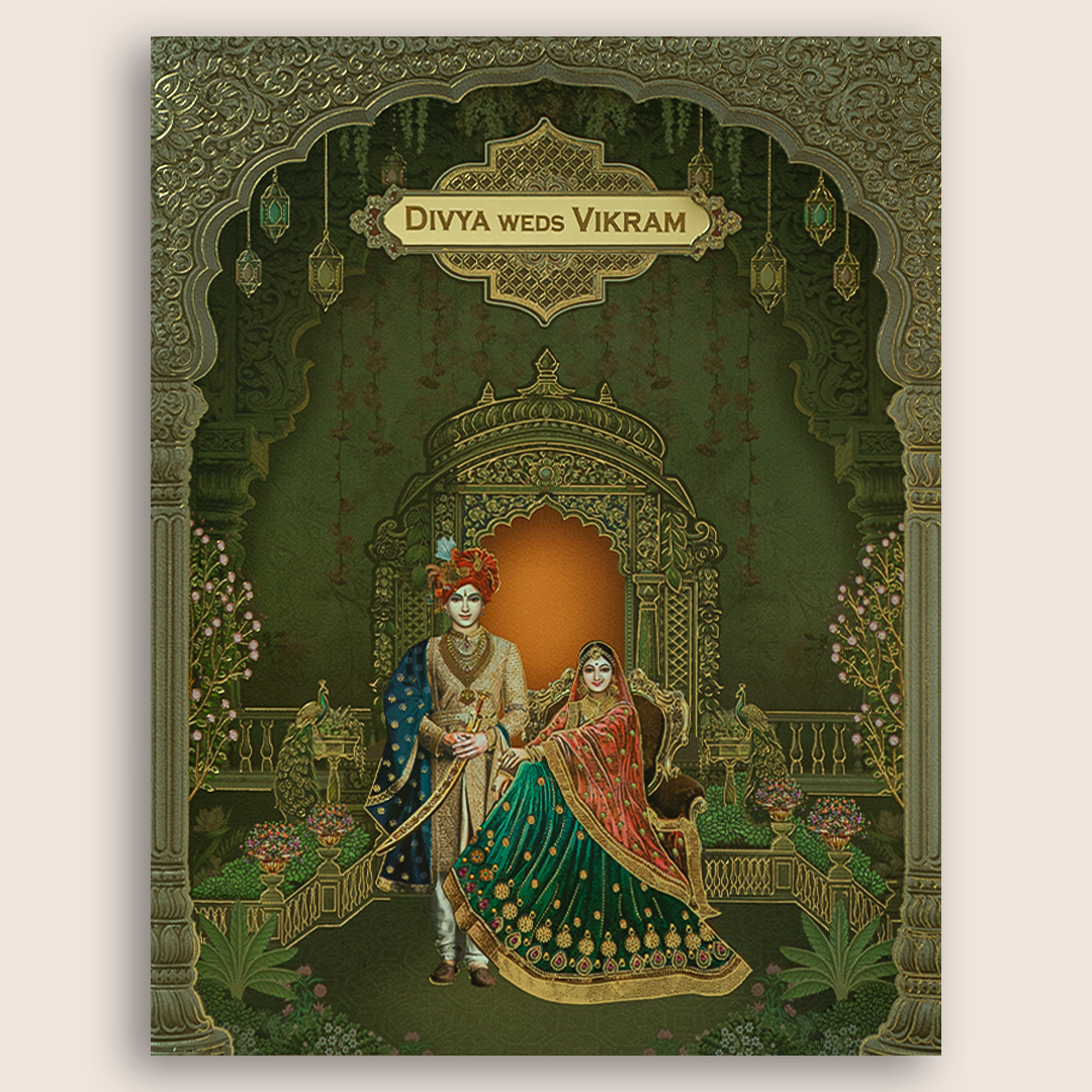 Green Royal Bride Groom Floral Wedding Card - KNKJ1165