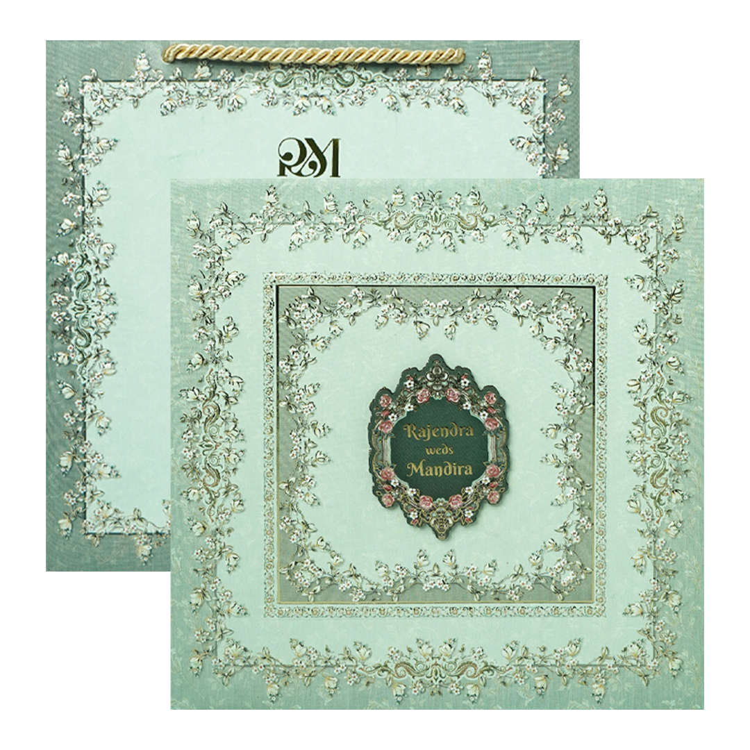 Green Floral Frame Wedding Invitation Box - KSI64190