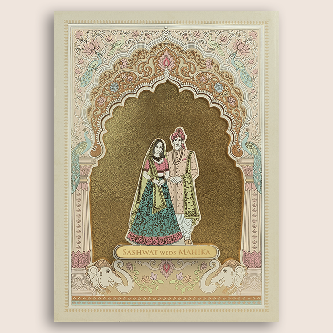 Cream Bride Groom Laser Cut Padded Wedding Card - KRE29060