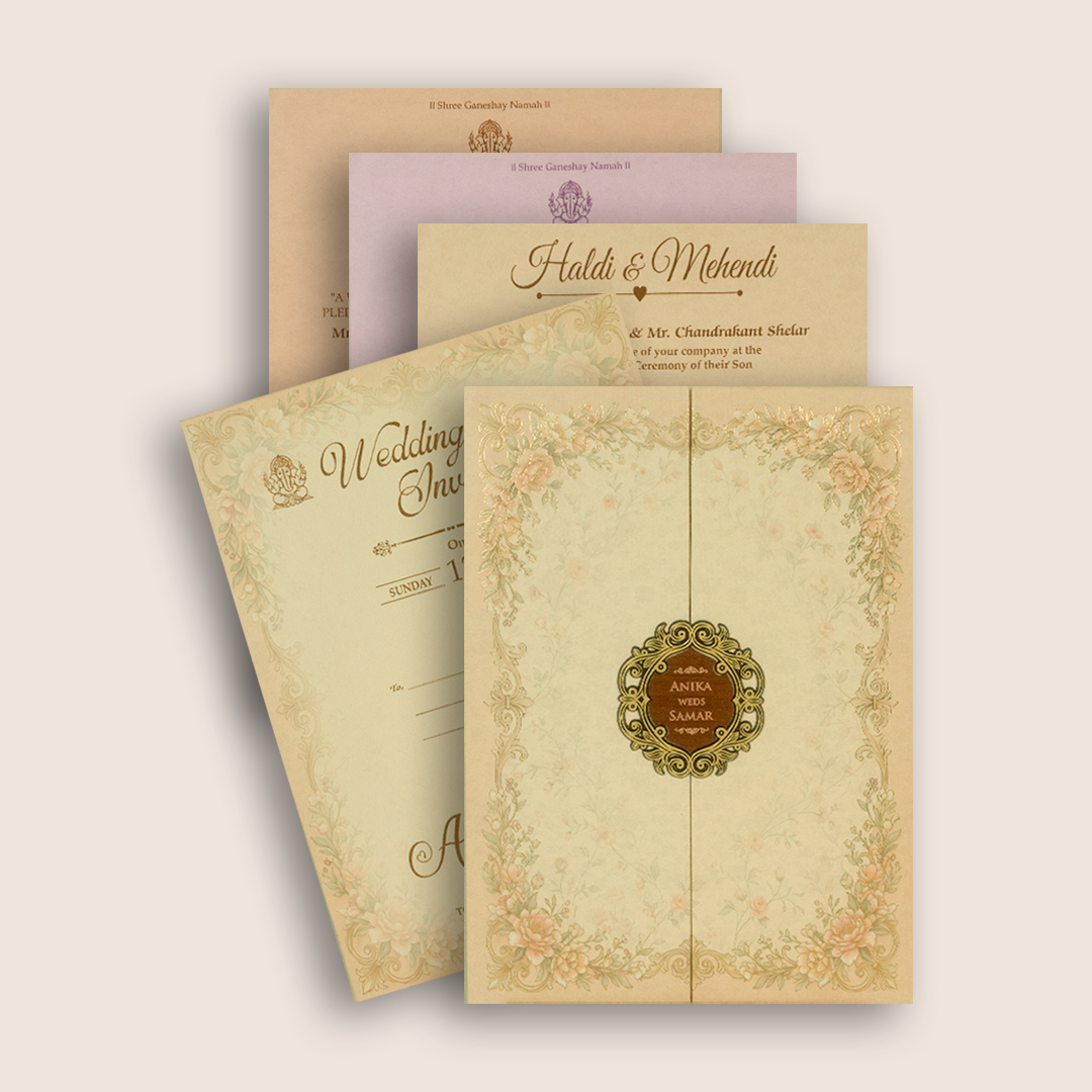 Beige Floral Padded Door Style Invitation Card - KSH18530