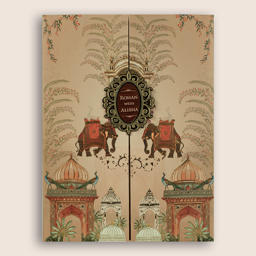 Peach Elephant Peacock Door Style Padded Wedding Card - KFR17310