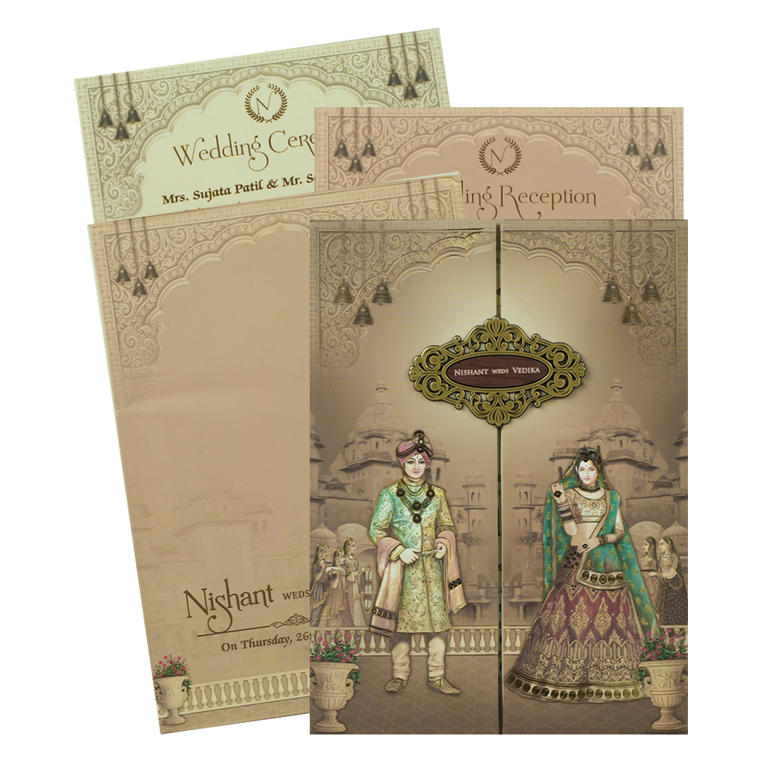 Brown Palace Royal Couple Padded Wedding Card-KRE27900