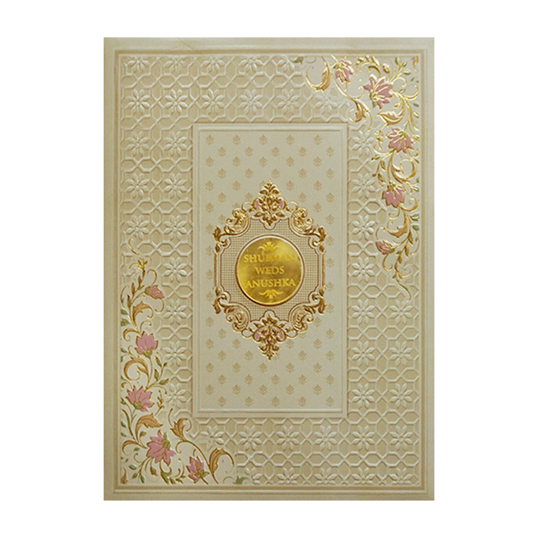 Cream Padded Embossed with Bag Wedding Invitation Card-KRB09560