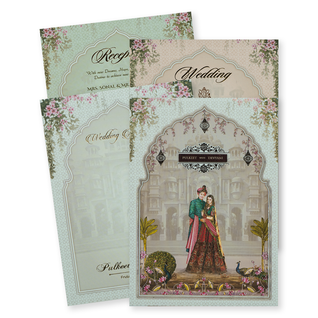 Check out Pastel Blue Palace Couple Padded Wedding Card at best price.✅WhatsApp Support ✅Express Delivery.|King of cards.