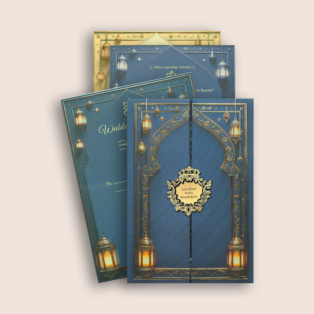 Royal Blue Floral Padded Door Style Wedding Card - KJTS3678