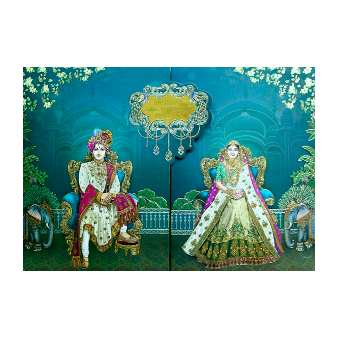 Royal Teal Bride and Groom Gold Foil Wedding Invitation Card-KRB09070