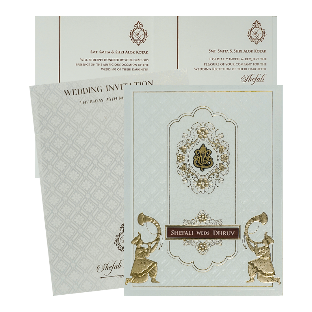 White Ganesha Floral Wedding Card-KRE28370