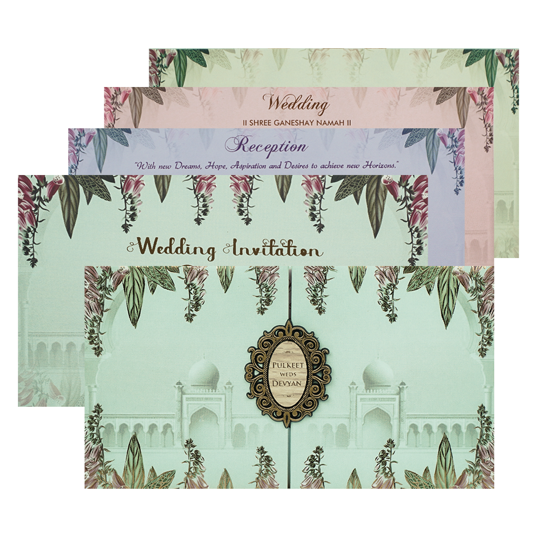 Check out Blue Taj Mahal Floral Padded Wedding Card at best price. ✅WhatsApp Support ✅Express Delivery.|King of cards.