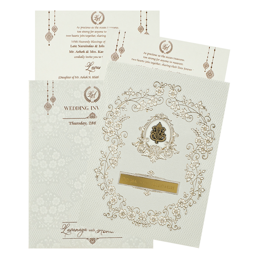 White Ganesha Floral Border Padded Wedding Card-KRE26410