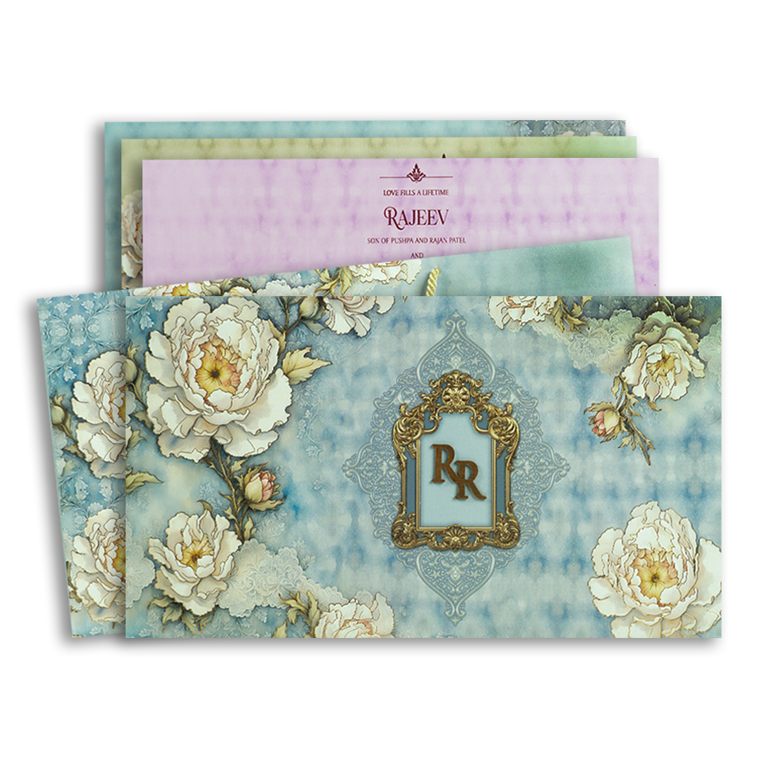 Pastel Blue Floral Padded Bag Style Invitation Card - KPR024730