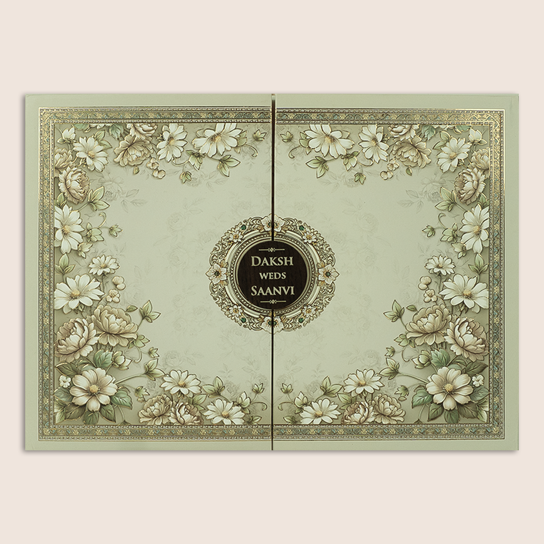 Grey Embossed Floral Door Style Padded Wedding Card - KSH18980