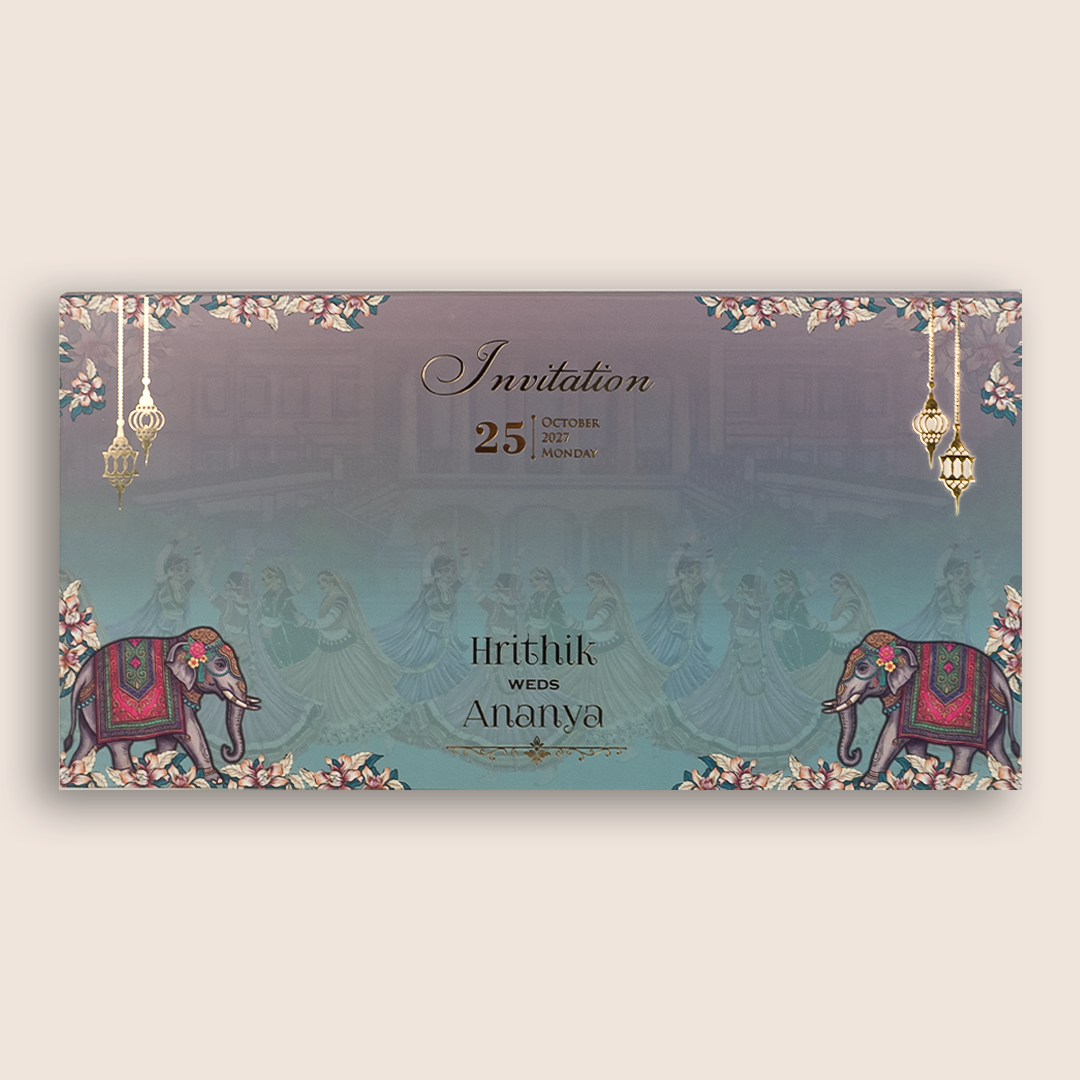 Blue Floral Embossed Elephant Padded Wedding Invitation- KVN07820