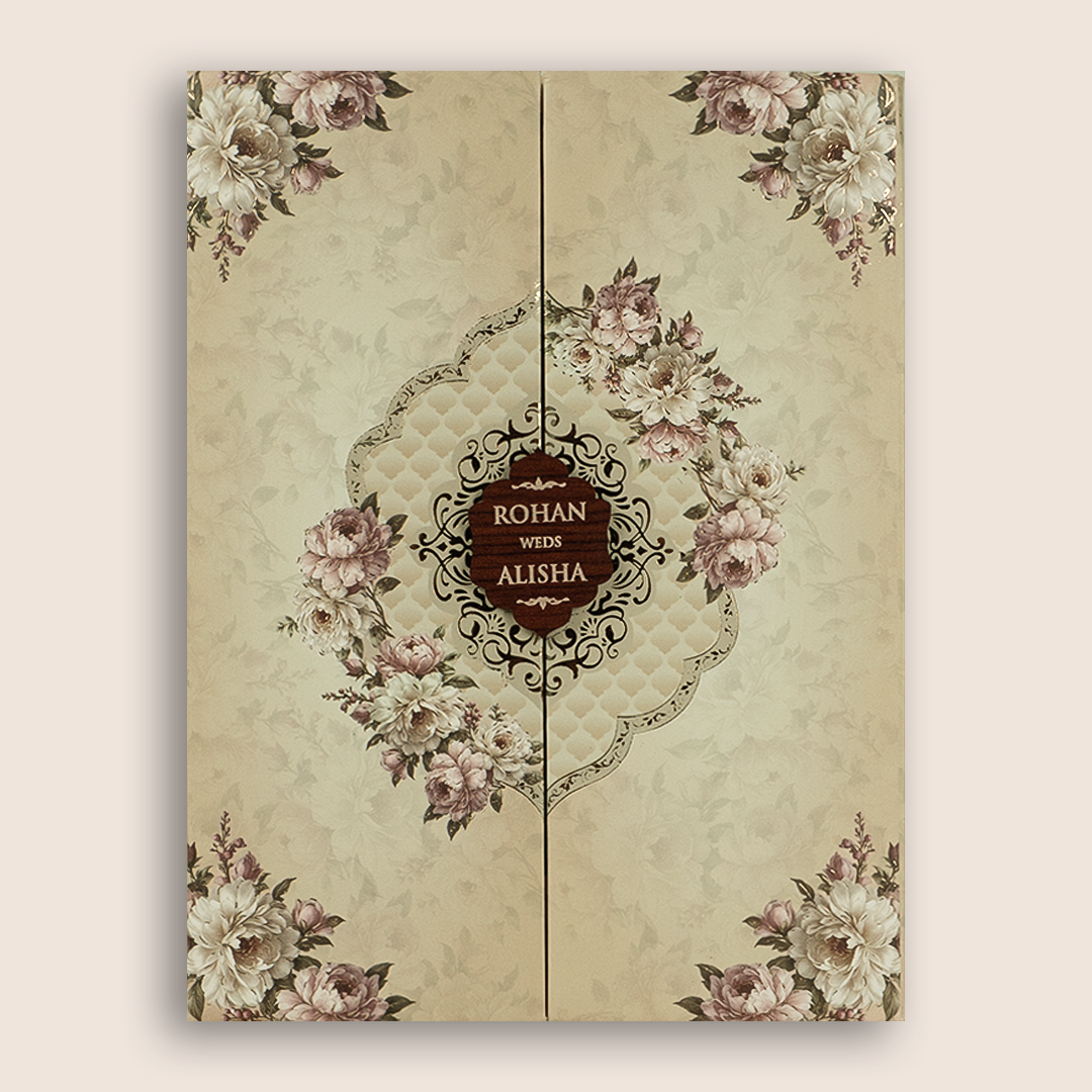Beige Floral Door Style Padded Wedding Invitation - KFR17330